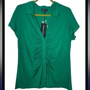 Modern Works green short-sleeve collared ruched button-up to nwt
